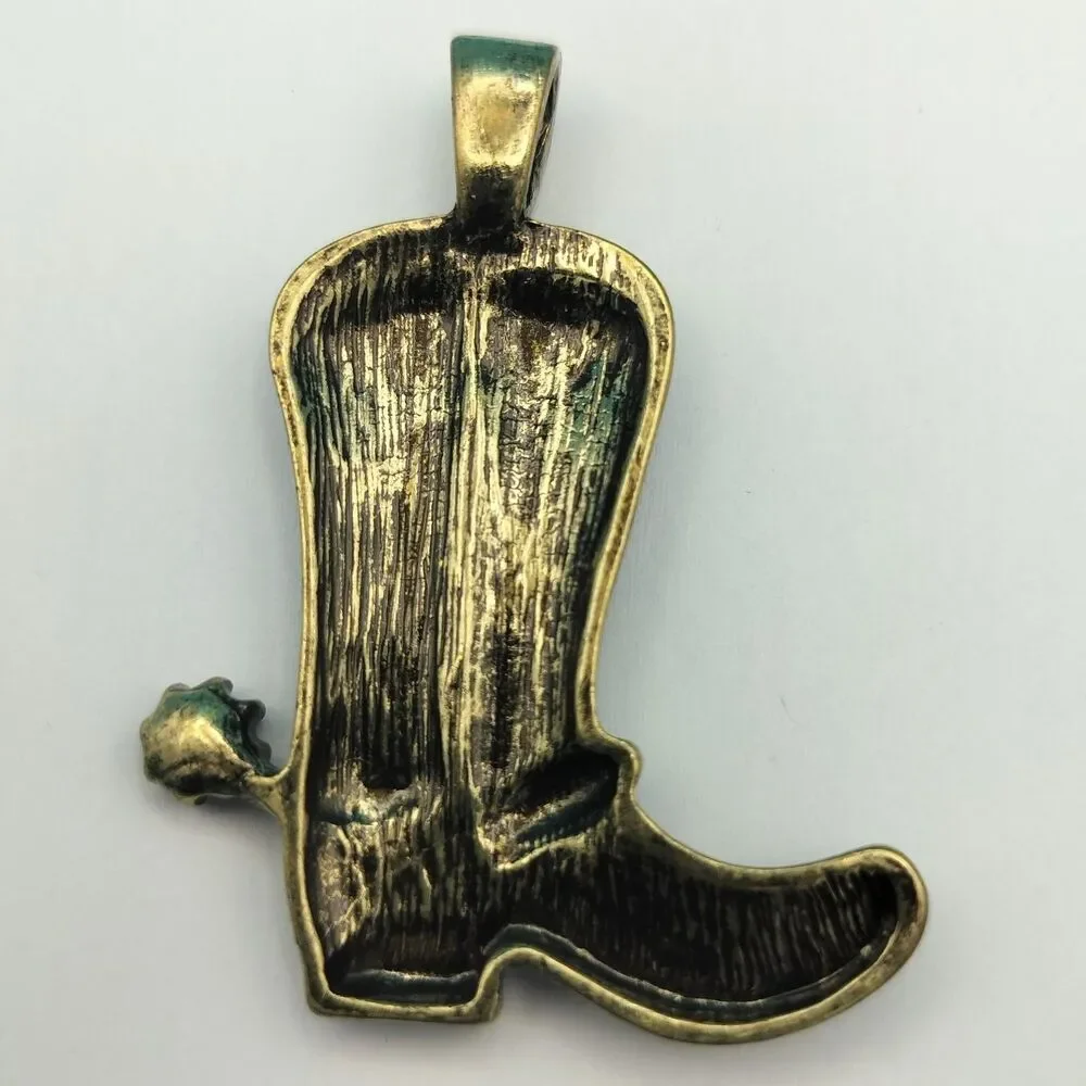 Western Cowboy Boot Pendant Rhinestone Antique Gold Tone Charm 2